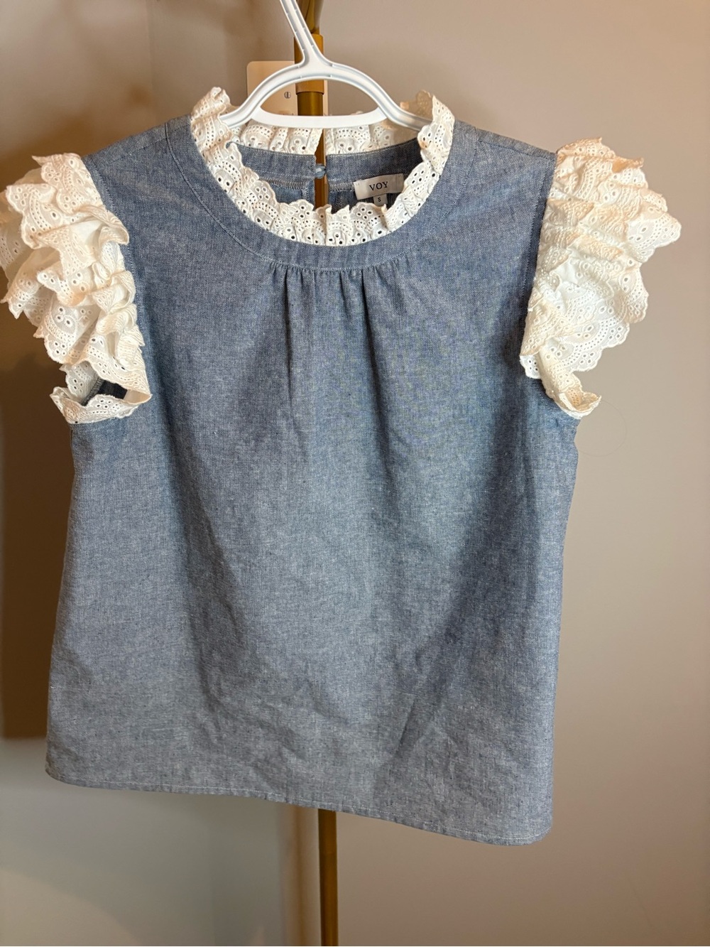 Voy Chambray Eyelet Ruffle Sleeve Blouse in Light Blue and Cream